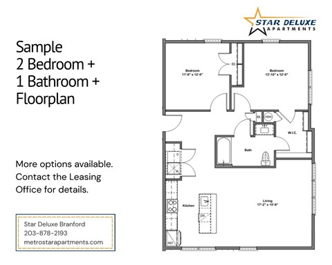 A floor plan for a 2 bedroom plus 1 bathroom apartment is shown.